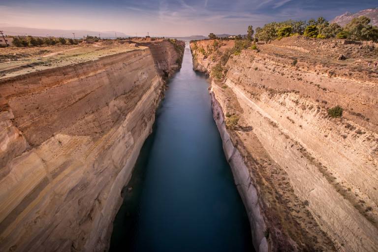 Corinth canal, Greece - All-seasons 3 weeks Peloponnese and Central Greece tour from Athens. Small group tour in minivan from Monterrasol Travel.