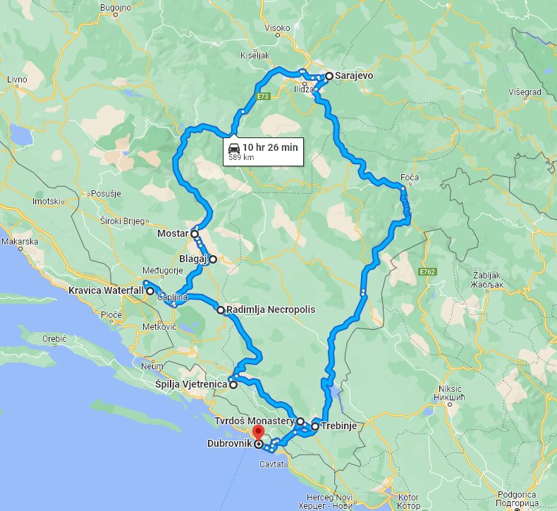 Tour map for #542 Summer 4 days Bosnia discovery tour from Dubrovnik. Monterrasol Travel small group tour in minivan. Visit Trebinje, Sarajevo, Mostar, monasteries, cave.