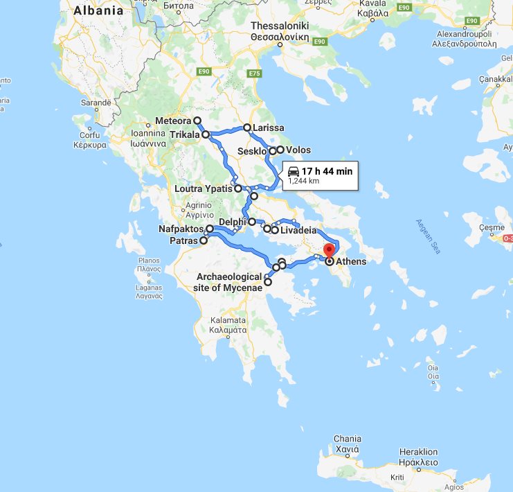 Tour map for #552 Small 9 days discovery tour of Central Greece from Athens. Small group tour with minivan by Monterrasol Travel. Explore main touristy attractions of Central Greece.