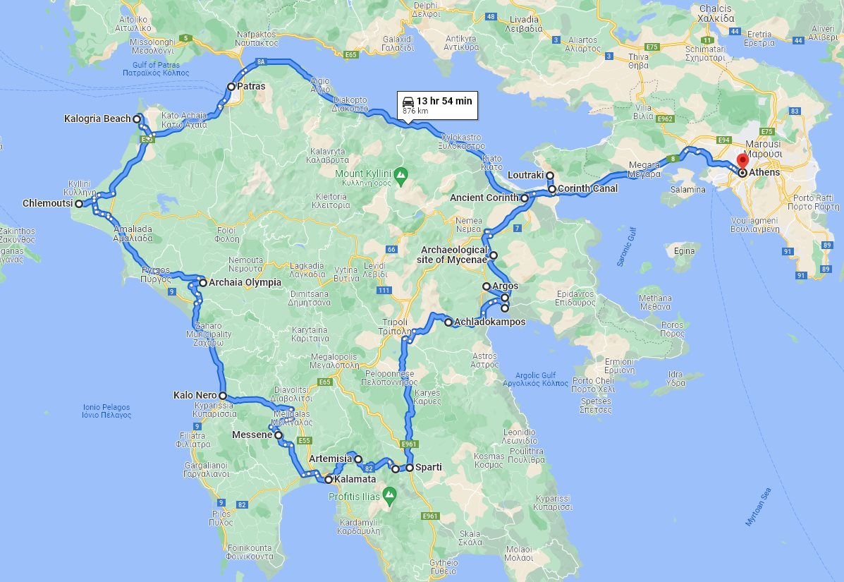 Tour map for #558 Discover Peloponnese with all seasons 9 days tour from Athens. Monterrasol Travel small group tour with minivan. Mycenae, Sparta, Mystras, Olympia, Corinth and others.