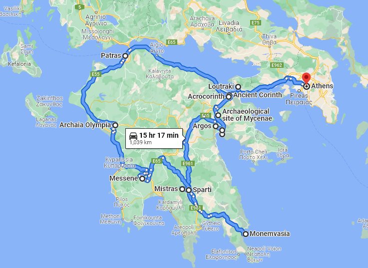 Tour map for #559 Classic Greece off-season: UNESCO sites 9 days tour from Athens. Monterrasol Travel minivan small group tour. Visit Greece mainland sites you must-see.