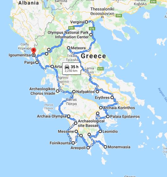 Tour map for #560 Off-season 26 days tour Greece UNESCO sites from Igoumenitsa. Ancient towns, monasteries, castles. Small group tour from Monterrasol Travel in minivan. Explore main UNESCO sites of Greece mainland and Peloponnese.