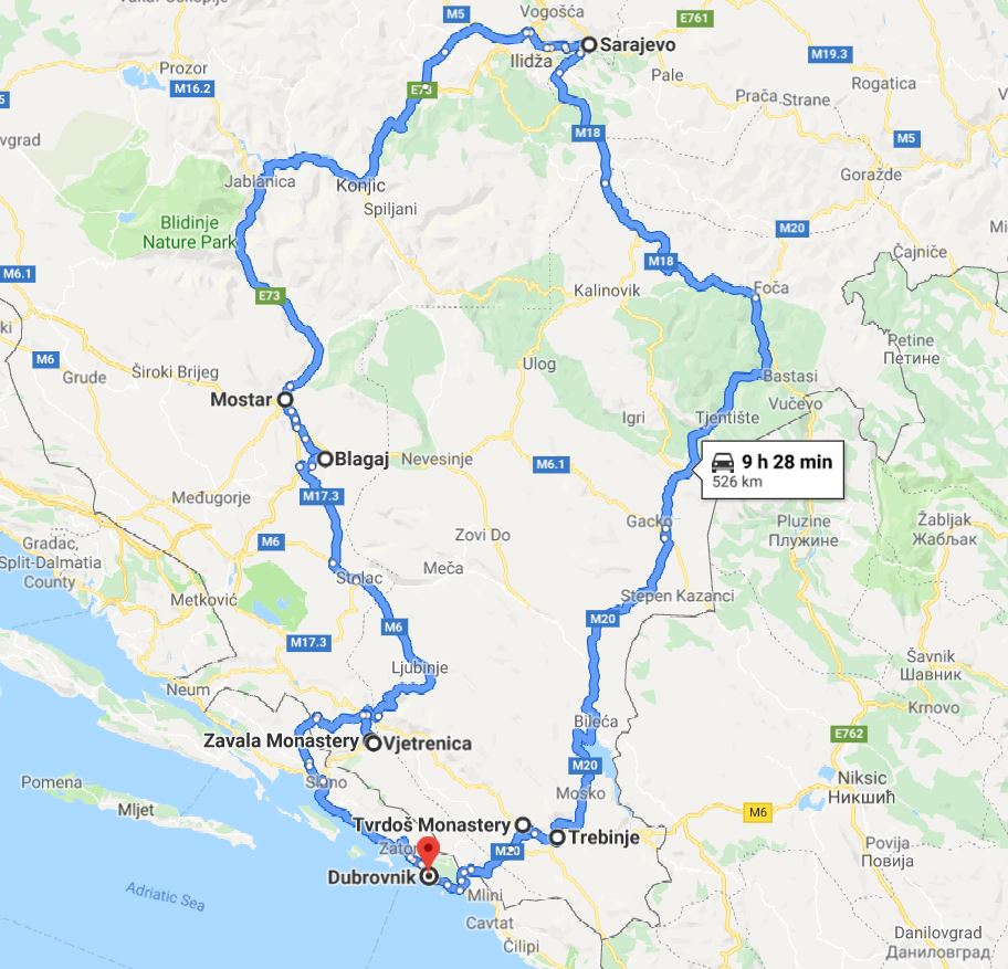 Tour map for #562 All seasons 4 days Bosnia discovery tour from Dubrovnik. Small group minivan tour by Monterrasol Travel. Visit Trebinje, Sarajevo, Mostar, monasteries, cave.