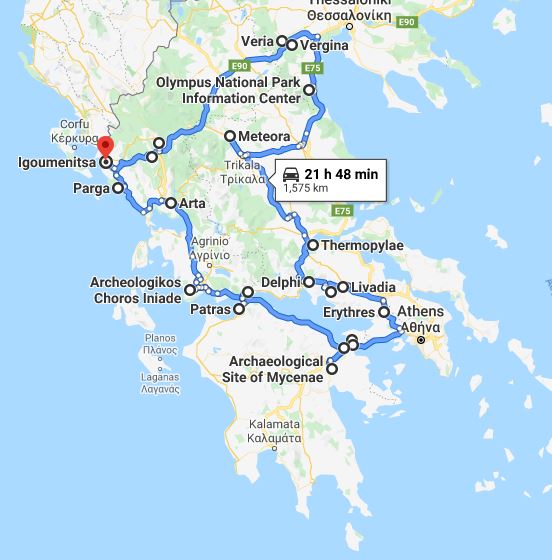 Tour map for #568 Discover Greece in 11 days tour from Igoumenitsa. UNESCO sites, fortresses, monasteries. Small group tour with minivan from Monterrasol Travel. Tour via ancient towns, beaches, castles and monasteries of Greece mainland.