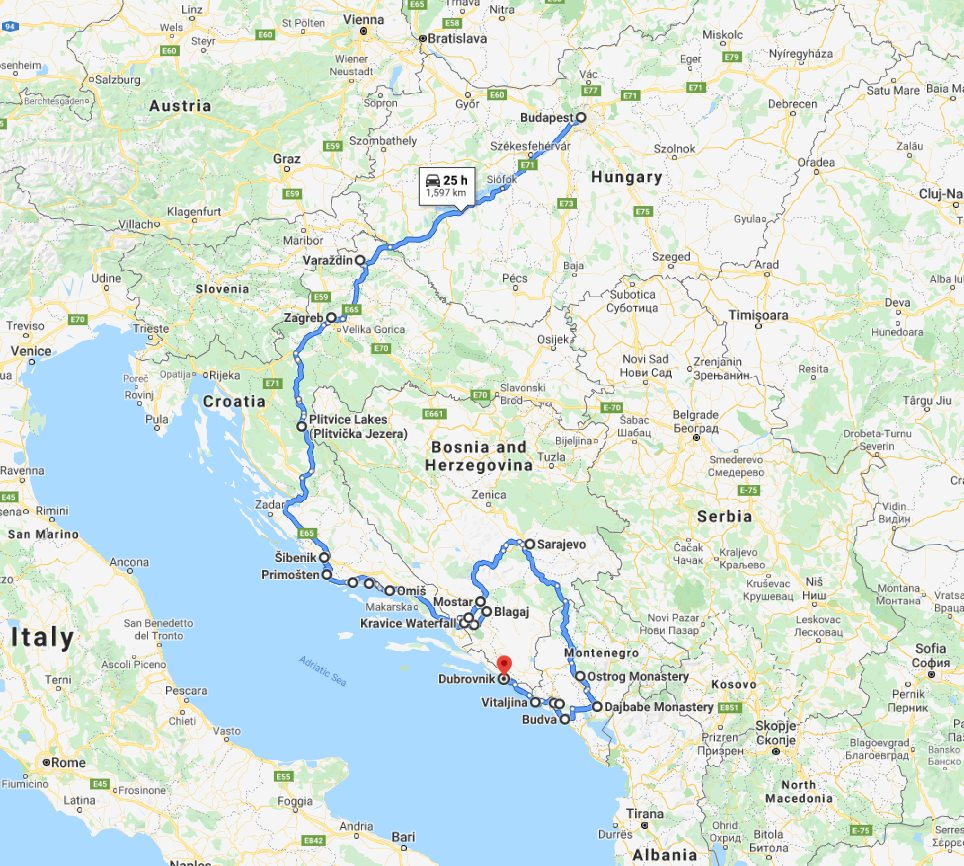 Tour map for #573 Explore Croatia Bosnia Montenegro by in-depth cultural tour 15 days. Monterrasol Travel minivan small group tour. Roadtrip from Budapest to Dubrovnik. Old towns, fortresses, monasteries.