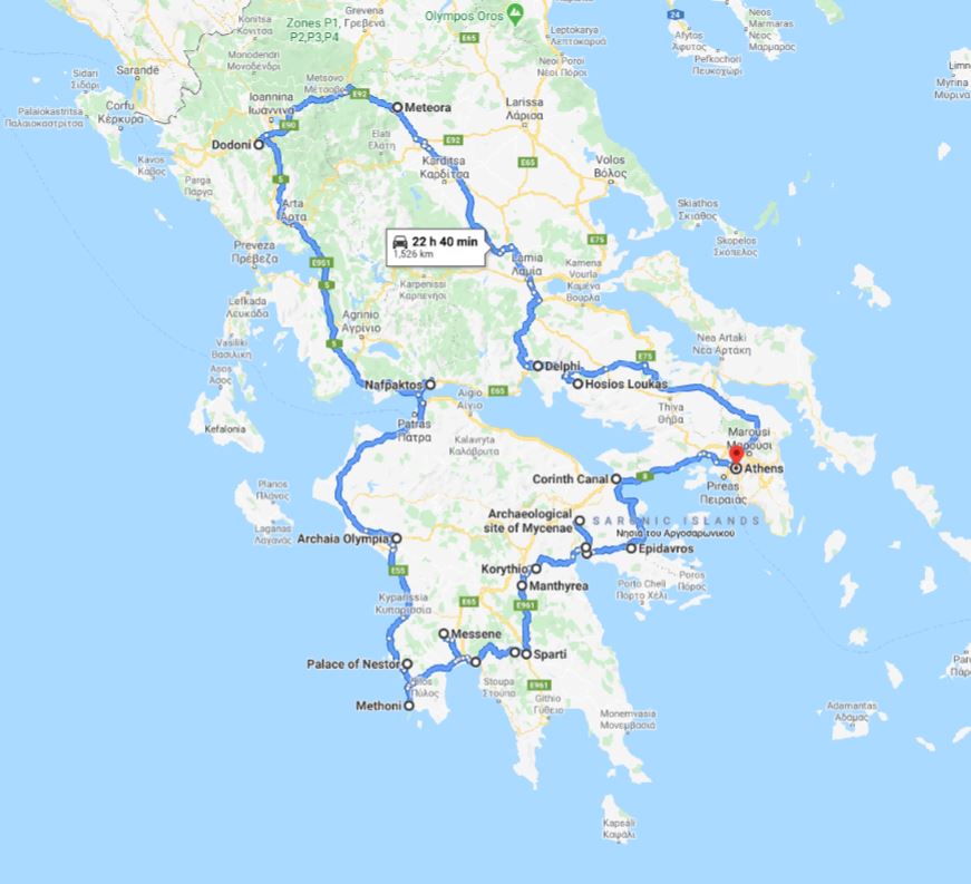 Tour map for #582 Greece off-season UNESCO places tour 14 days from Athens. Monterrasol Travel minivan small group tour. Visit main Greece mainland UNESCO and tentative list places.