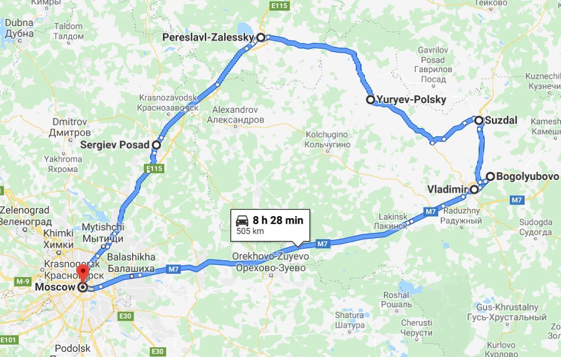 Tour map for #583 Golden Ring Russia small tour 5 days from Moscow. Small group car tour by Monterrasol Travel. Visit 6 historical russian towns from famous Golden Ring.