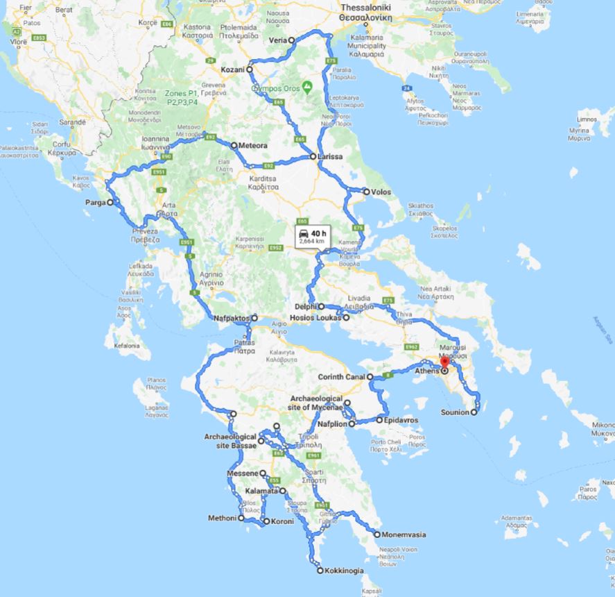 Tour map for #597 Greece off-season UNESCO places tour 29 days from Athens. Monterrasol Travel minivan small group tour. Visit most Greece mainland UNESCO and tentative list places.
