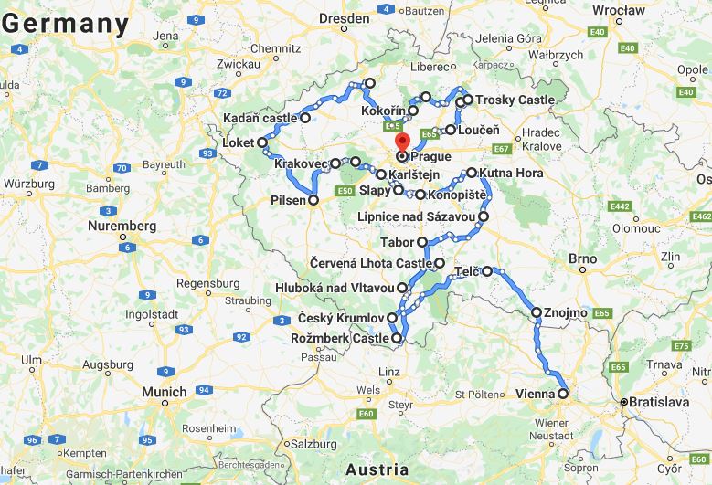 Tour map for #598 Czech castles and fortresses 22 days tour from Vienna. Small group minivan tour by Monterrasol Travel. Visit famous castles, medieval towns and UNESCO sites in Czech Republic.