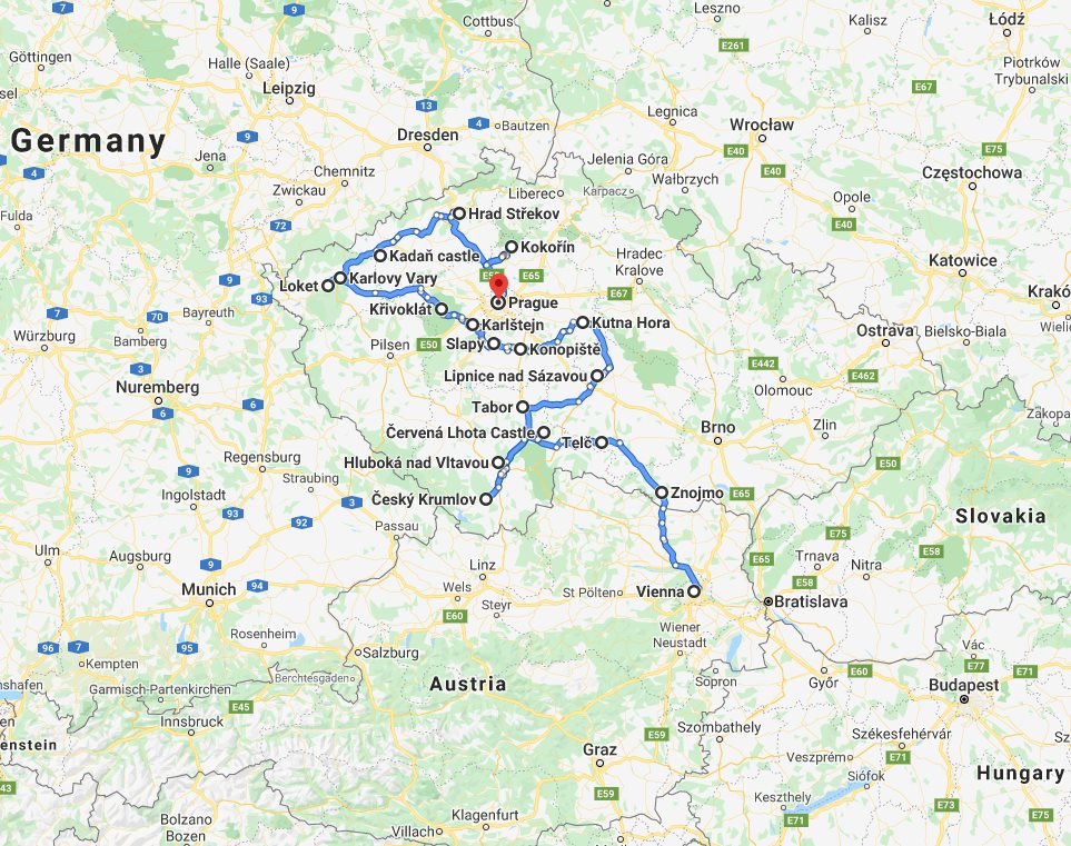 Tour map for #599 Czech castles 16 days tour from Vienna. Small group minivan tour by Monterrasol Travel. Visit 19 famous castles and 3 UNESCO sites in Czech Republic.