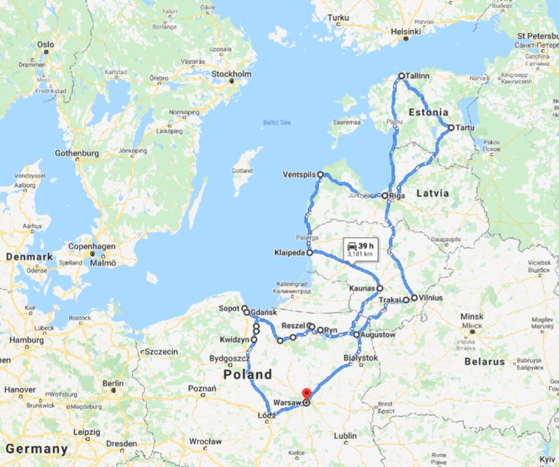 Tour map for #600 All seasons Baltic tour 21 days from Warsaw. UNESCO medieval towns and Teutonic Knights castles. Small group tour from Monterrasol Travel by car. Discovery tour across Lithuania, Latvia, Estonia and north of Poland.