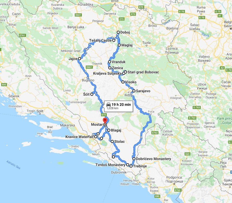 Tour map for #603 All seasons 12 days Bosnia discovery non-touristy tour from Mostar. Monterrasol Travel small group tour by car. Off the beaten path travel to Medieval land of Bosnia.