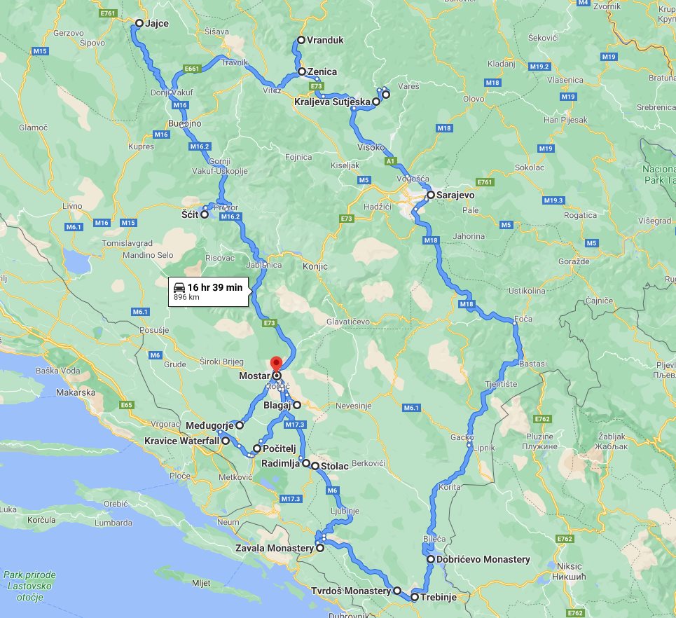 Tour map for #611 All seasons 9 days Bosnia discovery non-touristy tour from Mostar. Monterrasol Travel small group tour by car. Off the beaten path travel to Medieval land of Bosnia.