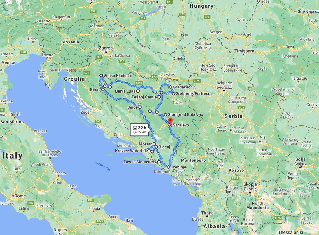 Tour map for #614 Bosnia medieval land discovery 17 days all seasons off the beaten path tour. Small group tour in minivan from Monterrasol Travel. Non-touristy medieval towns, castles, monasteries, UNESCO places cultural tour from Sarajevo.