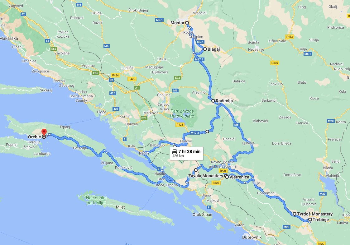 Tour map for #617 Cultural + wine tasting 2 days Bosnia tour from Korcula. Monterrasol Travel car small group tour. Discover Bosnia and taste wonderful Herzegovina wines.