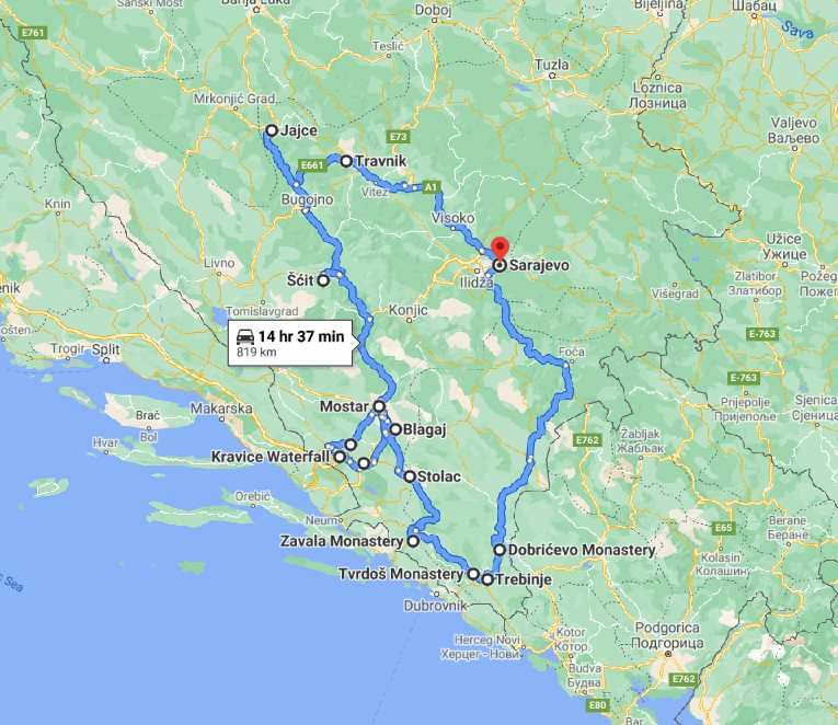 Tour map for #618 All seasons Bosnia discovery 6 days tour from Sarajevo. Monterrasol Travel small group tour by minivan. Bosnia as example of off the beaten path travel.