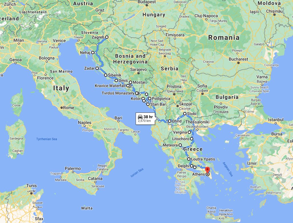 Tour map for #621 Explore Croatia Bosnia Montenegro Albania Macedonia Greece by cultural tour 26 days. Monterrasol Travel minivan small group tour. Balkans roadtrip from Zagreb to Athens via UNESCO sites, medieval towns, fortresses, monasteries.