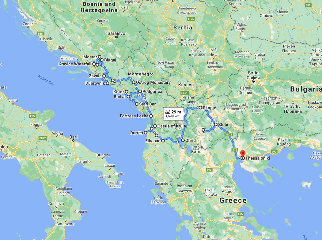 Tour map for #624 Discover Bosnia Montenegro Albania Macedonia in 15 days panoramic tour. Small group tour from Monterrasol Travel in minivan. Balkans roadtrip from Dubrovnik to Thessaloniki: UNESCO sites, fortresses, monasteries and old towns.