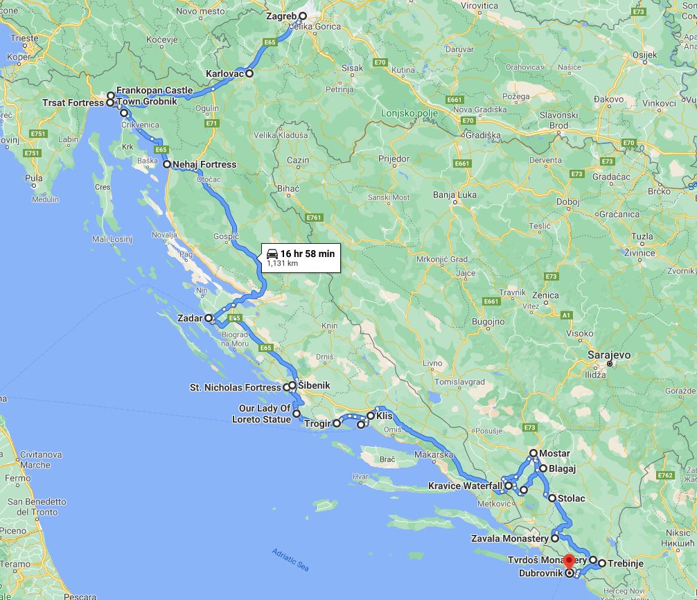 Tour map for #631 All seasons 11 days Croatia and Bosnia UNESCO sites tour from Zagreb to Dubrovnik. Monterrasol Travel small group car tour. The most important UNESCO towns of Dalmatian coast and Bosnia.