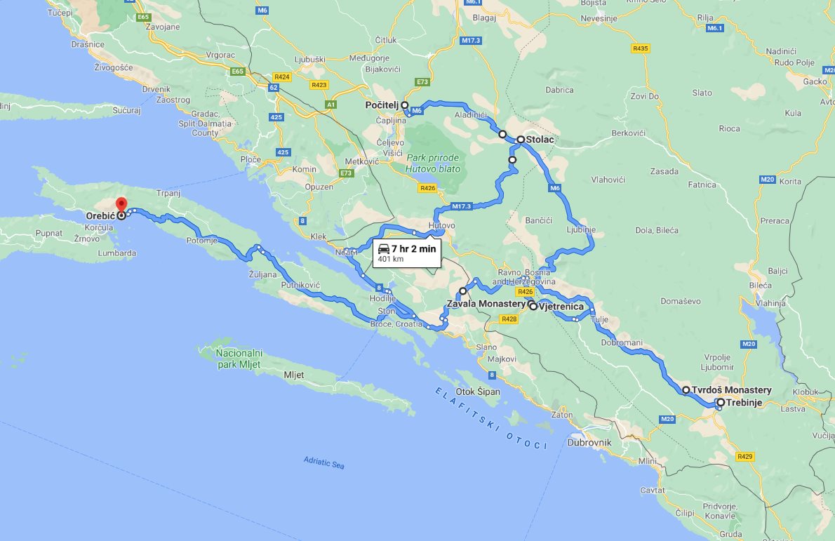 Tour map for #643 Cultural + wine tasting 2 days all seasons Bosnia tour from Korcula. Monterrasol Travel tour in small group minivan. Visit Trebinje, Tvrdos, Stolac, Pocitelj.