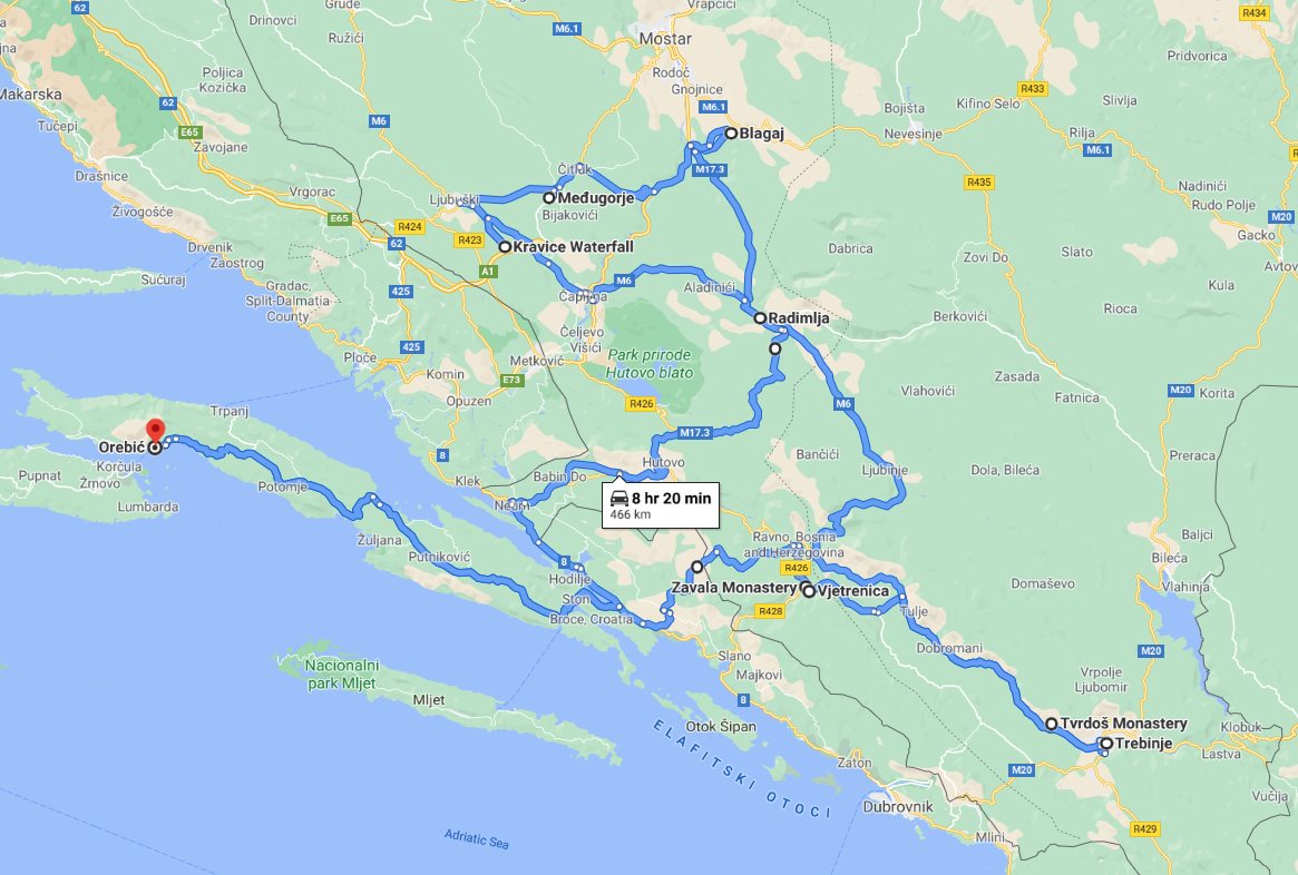 Tour map for #644 Cultural + wine tasting 2 days all seasons Bosnia tour from Korcula. Monterrasol Travel tour in small group minivan. Visit Trebinje, Tvrdos, Blagaj, Medjugorje, Kravica.