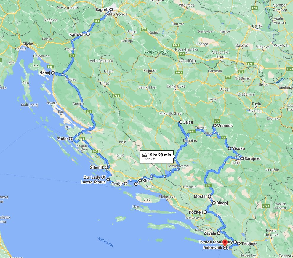 Tour map for #658 All seasons 12 days exploring Croatia + Bosnia tour from Zagreb to Dubrovnik. Monterrasol Travel car small group tour. Scenic roads of Dalmatian Rivera and medieval Bosnia.