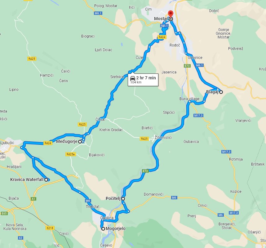 Tour map for #669 All seasons Mostar and surrounding discovery tour 2 days. Small group tour from Monterrasol Travel in minivan. Bosnia UNESCO town Mostar and Blagaj, Medjugorje, Kravica, Pocitelj.