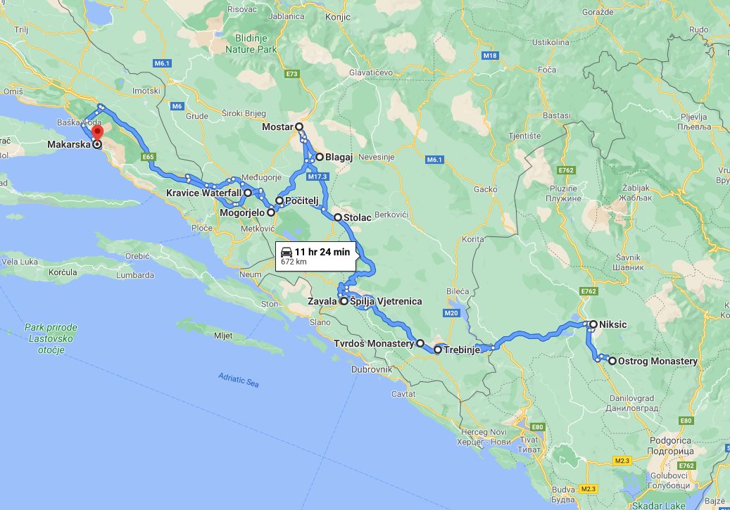 Tour map for #686 Off-season Bosnia 4 days mini tour with Montenegro Ostrog monastery from Makarska. Monterrasol Travel tour in small group minivan. Kravice waterfalls, Mostar, Blagaj, Pocitelj, Vjetrenica cave, Tvrdos, Trebinje.