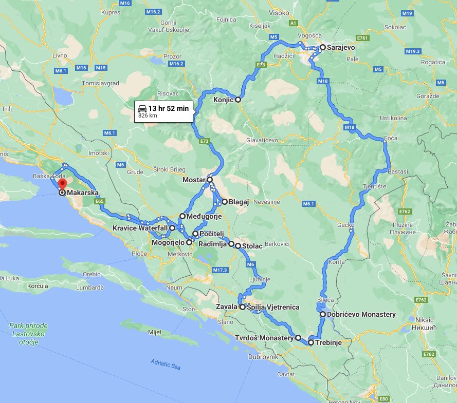 Tour map for #691 All seasons Bosnia 4 days mini tour with Montenegro towns Budva and Perast from Makarska. Monterrasol Travel tour in small group minivan. Kravice waterfalls, Mostar, Blagaj, Pocitelj, Vjetrenica cave, Tvrdos, Trebinje.