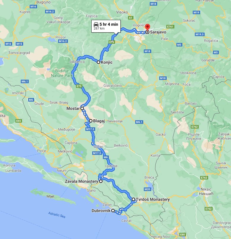 Tour map for #713 One day tour from Dubrovnik to Sarajevo via Tvrdos, Blagaj, and Mostar. Monterrasol Travel tour with small group minivan. Enjoy wine tasting in Tvrdos monastery, see Blagaj tekija and walk in UNESCO Mostar.